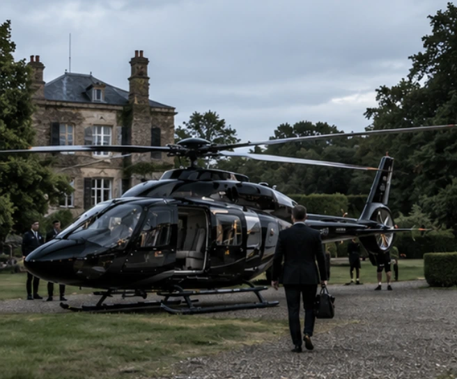 A private helicopter on the lawn of a country estate