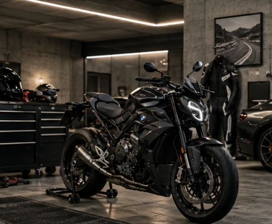 A naked performance motorcycle in a private concrete garage