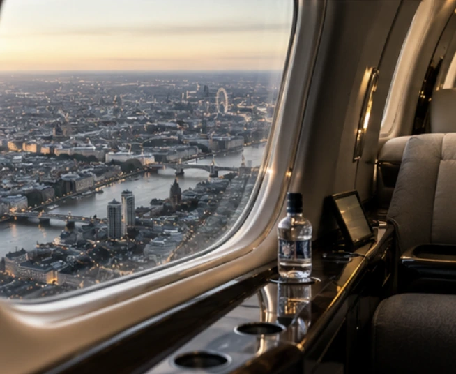 A private cabin window overlooking London