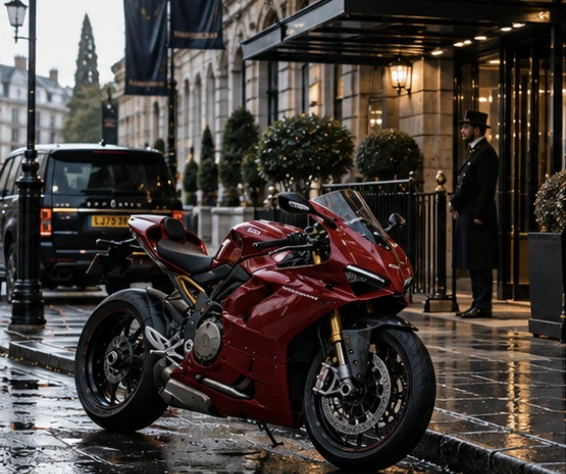 A burgundy superbike outside a London hotel on a damp morning