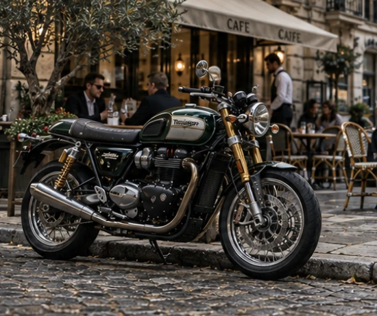 A green modern-classic motorcycle outside a European café