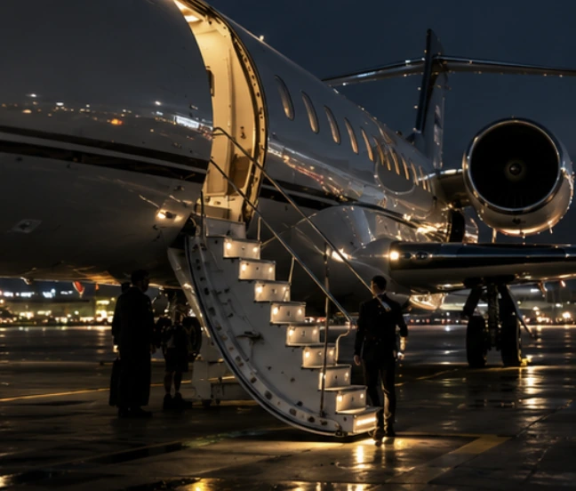 Aircraft stairs lit at night before departure