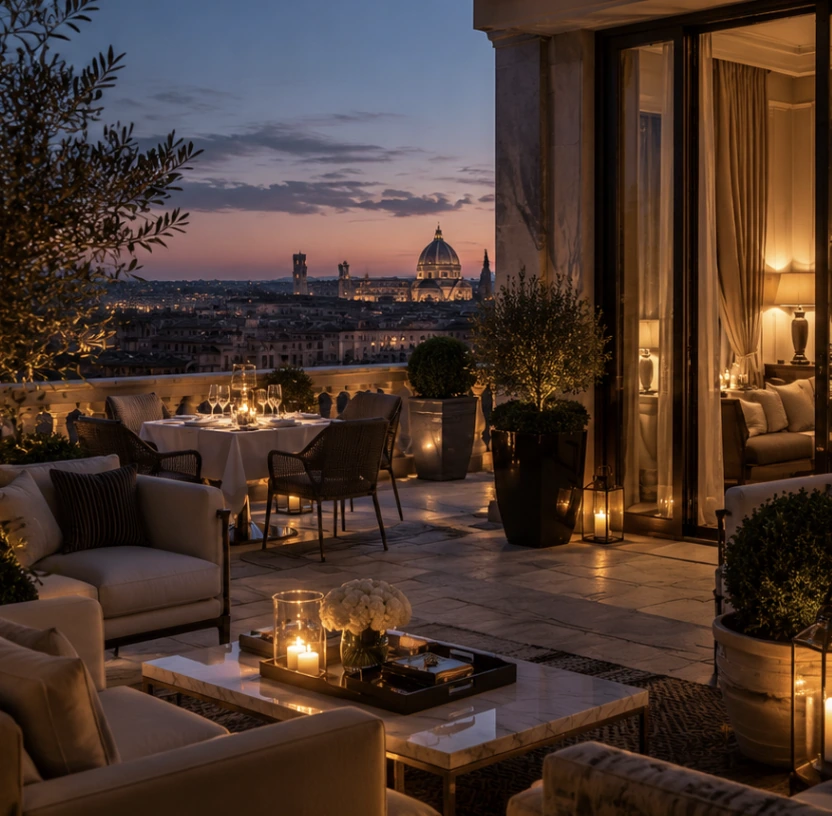 A private terrace at dusk, a dining table prepared above the city