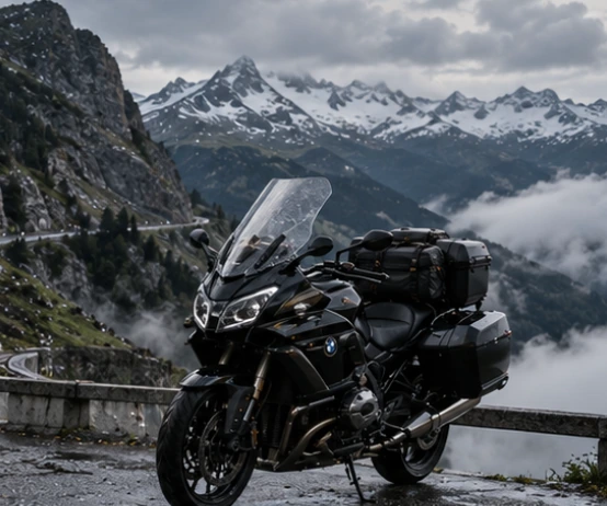 A touring motorcycle with luggage on an Alpine pass