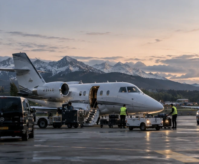A light jet on an alpine apron at dusk