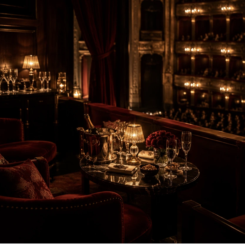 A candlelit private theatre box with velvet seating, the auditorium beyond
