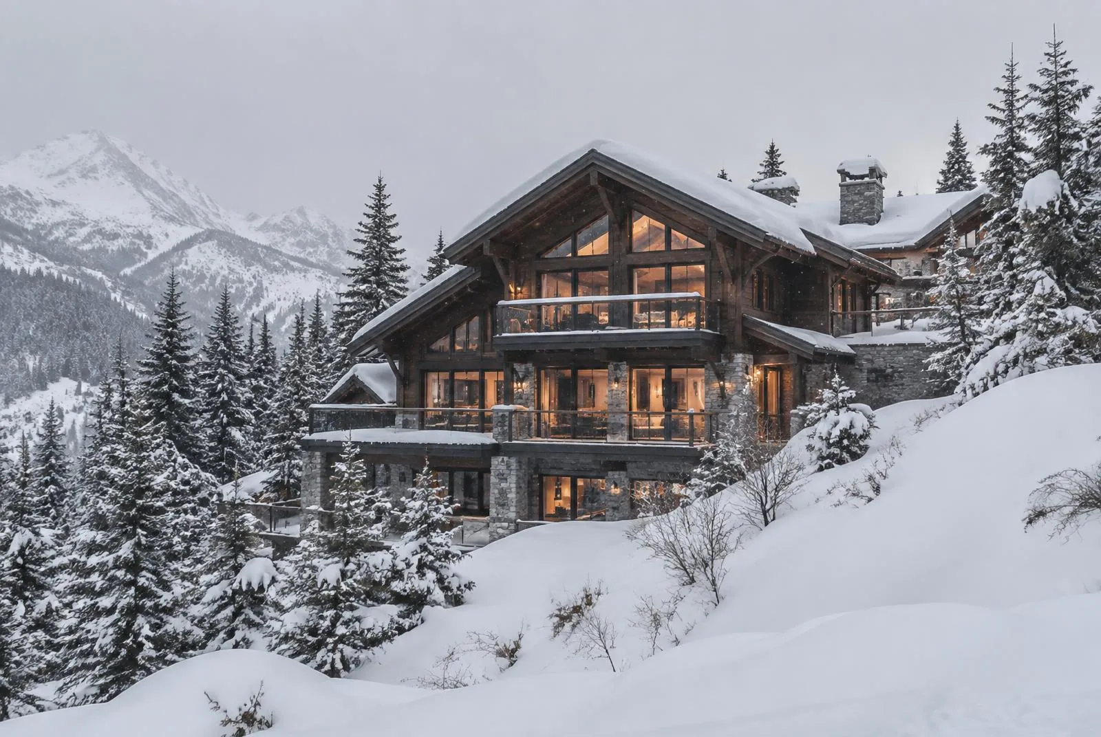 A timber and stone chalet in falling snow
