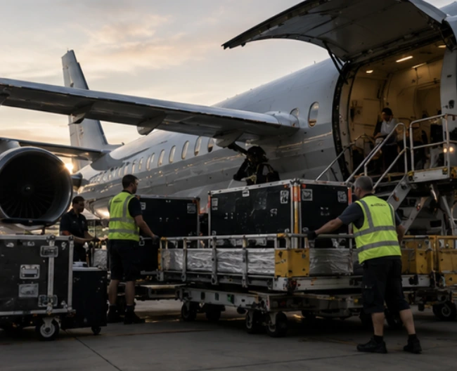 Luggage being loaded before a group departure
