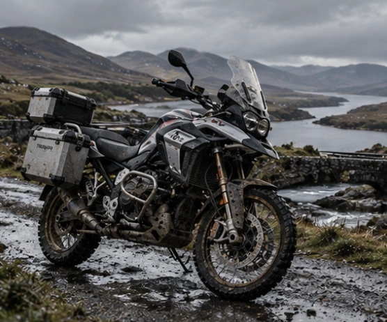 An adventure motorcycle on a wet Highland road