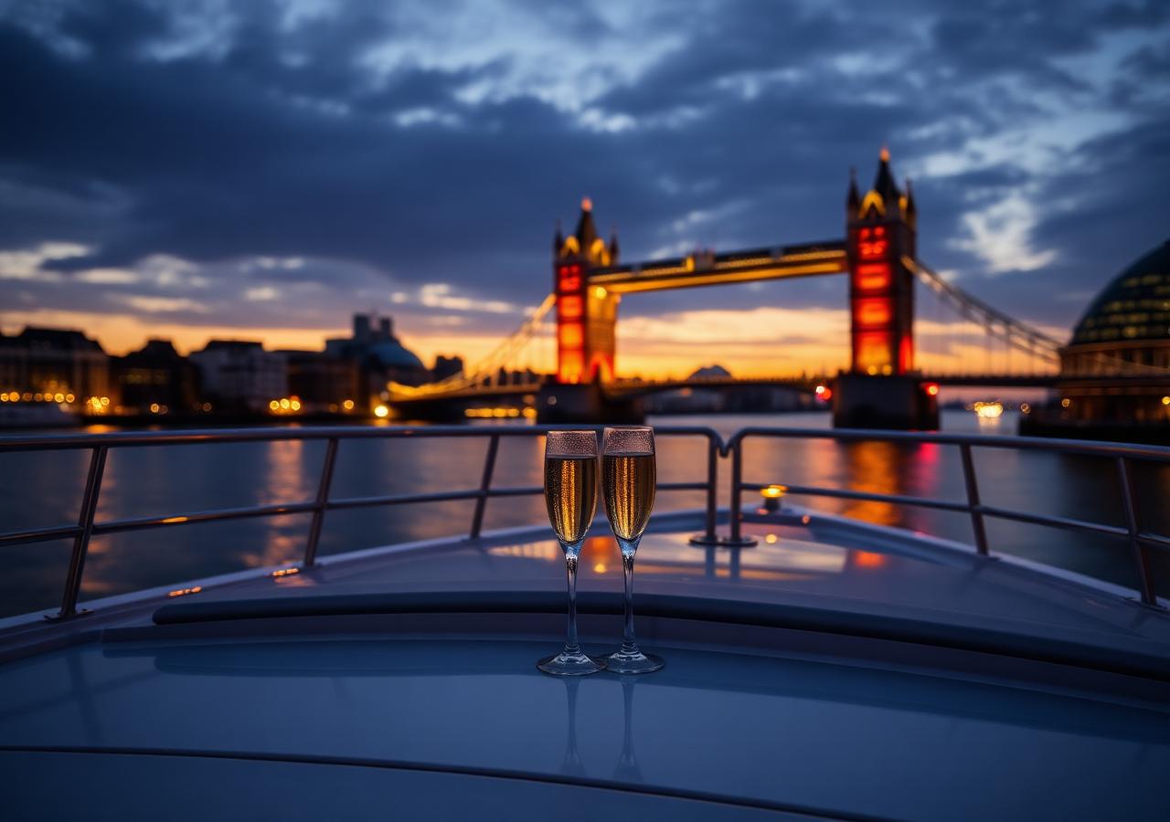 A private yacht cruising the Thames at golden hour with the London skyline behind