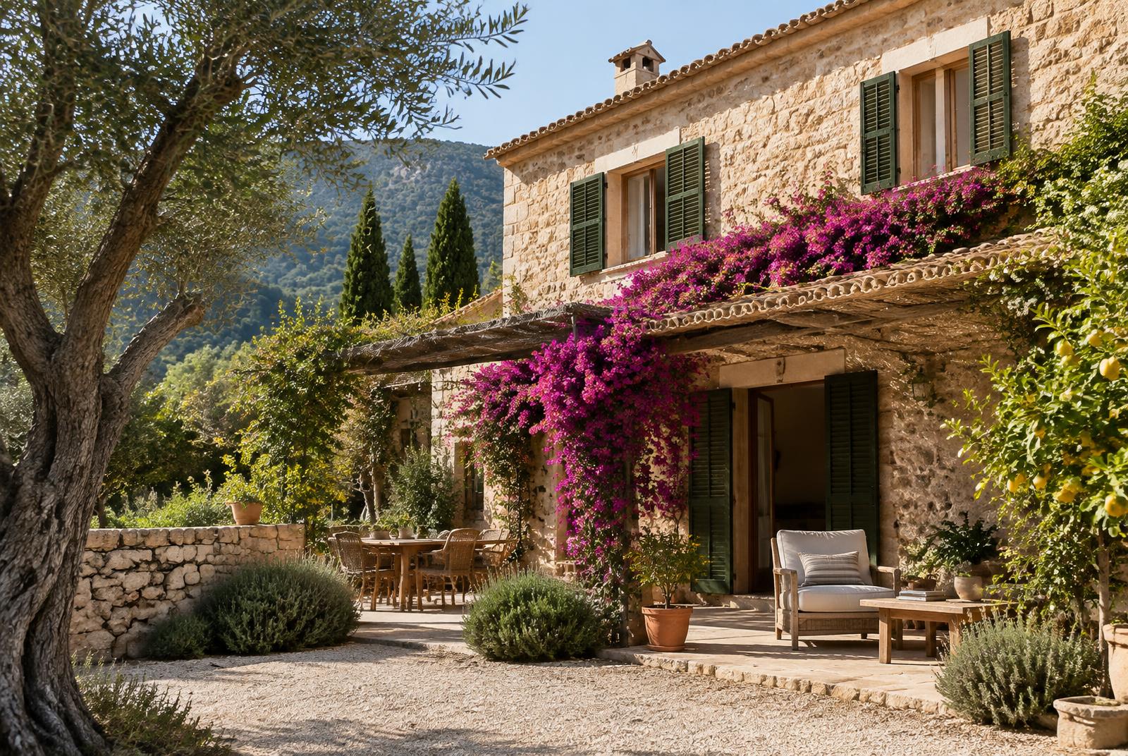 A Mallorcan stone finca with green shutters and bougainvillea